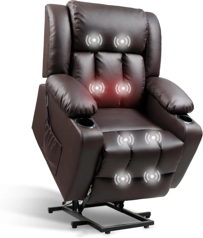 XL31 Electric Power Lift Recliner with Massage & Heat, Faux Leather Brown Lift Chair for Seniors