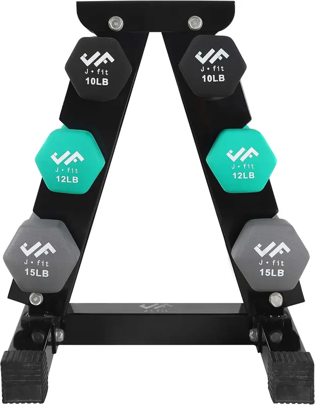 Neoprene & Vinyl Coated Dumbbell Set — 74 lb (Pairs of 10, 12, 15 lb) with Steel Rack for Home Strength Training, Aerobics & Cardio