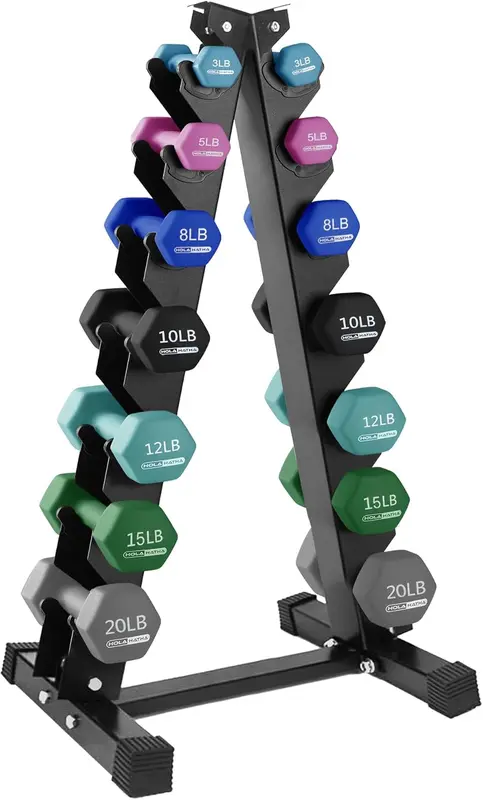Neoprene-Coated Dumbbell Strength Set with Rack — 3, 5, 8, 10, 12, 15, 20 lb Hex Weights