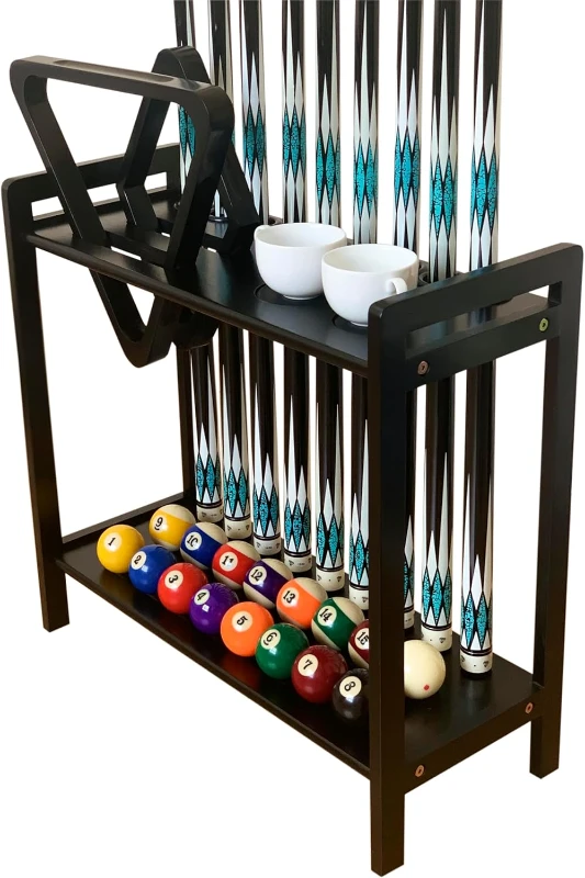 Wooden 2-Tier Floor Pool Cue Rack — Holds 9 Cues, Ball Rack Hangers, Chalk Cone or Drink Pads