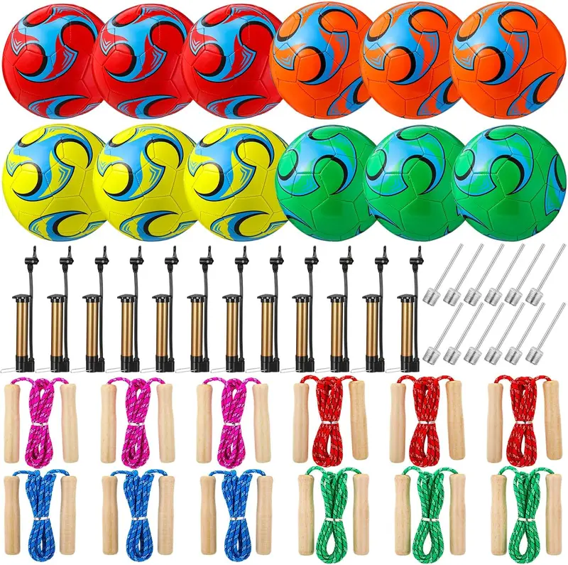 12 Sets Operation Christmas Size 3 Deflated Soccer Balls with Pumps and 7.25 ft Adjustable Jump Ropes, Bulk Outdoor Sport Kit