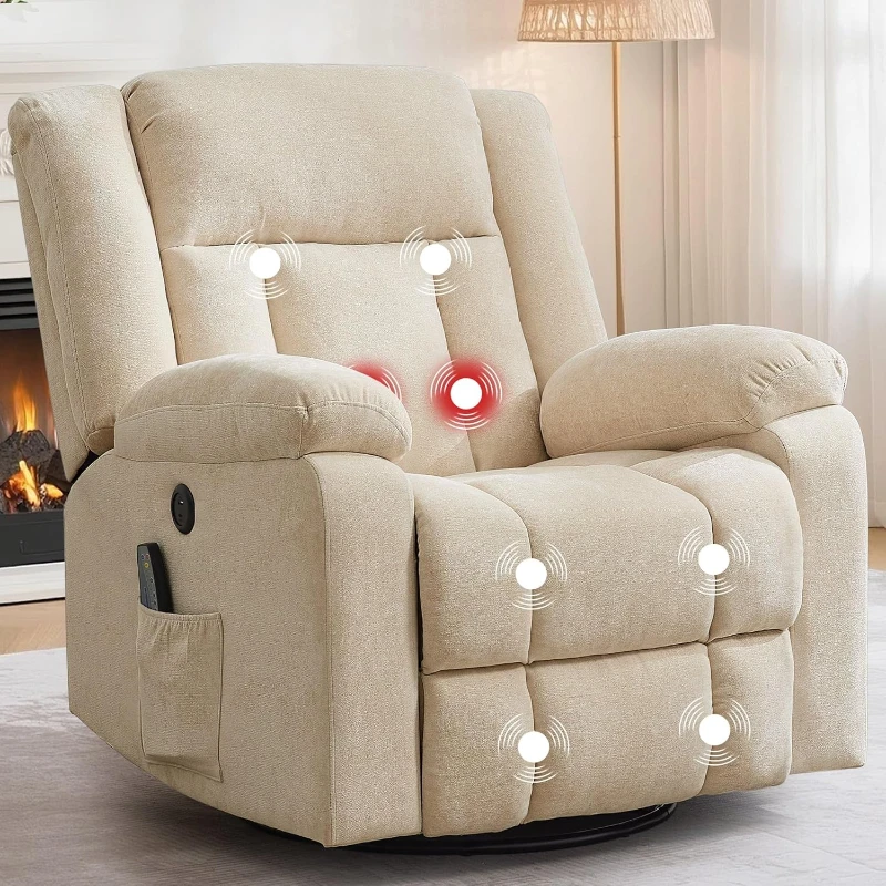360° Swivel Rocker Recliner Chair with Massage & Heating, Glider Nursery Seat with Storage and USB, Khaki