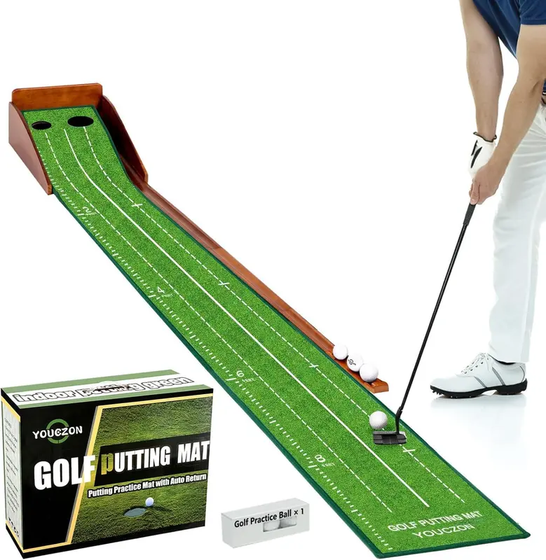 Indoor Putting Green Mat with Auto Ball Return, Premium Crystal Velvet Surface, Foldable Wooden Base, 2.5" & 3.5" Holes — Practice Aid & Gift for Golfers