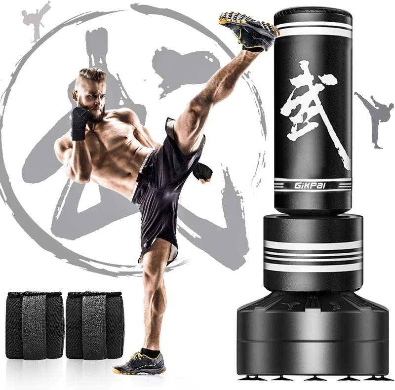 Freestanding Adult Punching Bag with Gloves — 12-Suction-Cup Stable Base, Tear-Resistant PU, Springless Quiet Rebound, Sand/Water Fillable