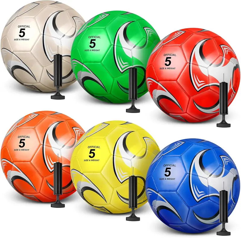 6-Pack Deflated Soccer Balls (Sizes 3/4/5) with Pumps & Needles — PVC Training Footballs for Youth & Adults, School Sports, Practice & Gifts