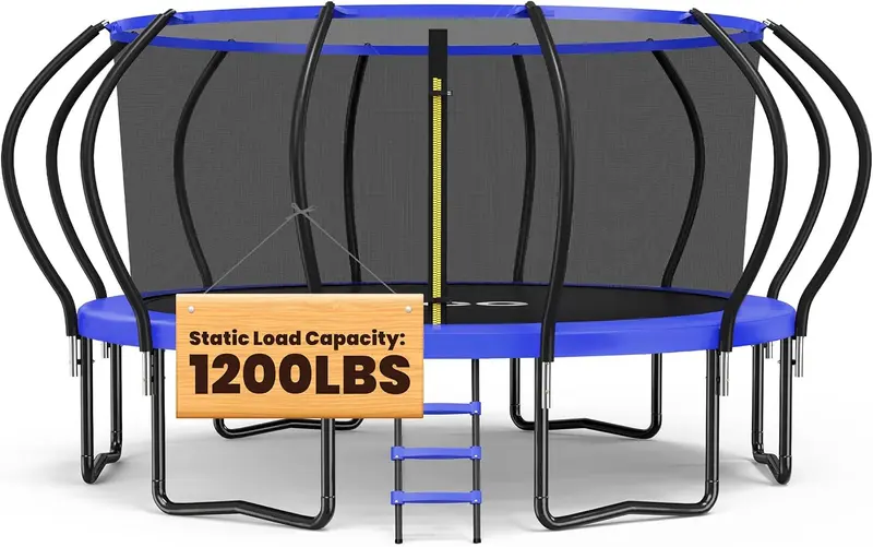 Kids & Adults Outdoor Trampoline 8FT 10FT 12FT 14FT 15FT 16FT with Enclosure, Non-Slip Ladder & Anti-Rust Coated Frame, 1200 LBS Capacity