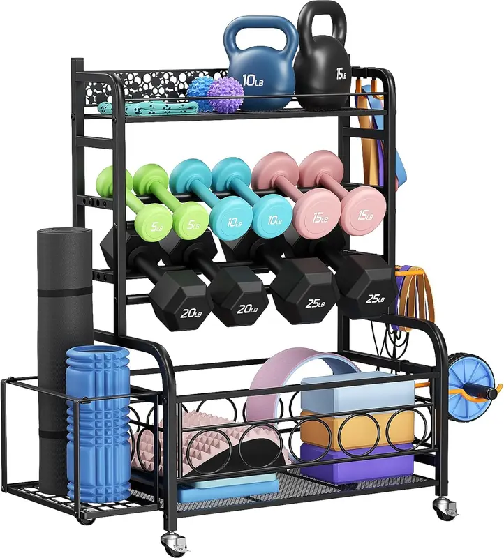 3-Tier Dumbbell Rack with Wheels — Mobile Weight Storage for Home m, Holds Dumbbells, Kettlebells & Mats, Lockable Casters, Steel Frame, Quick 15-Min Assembly