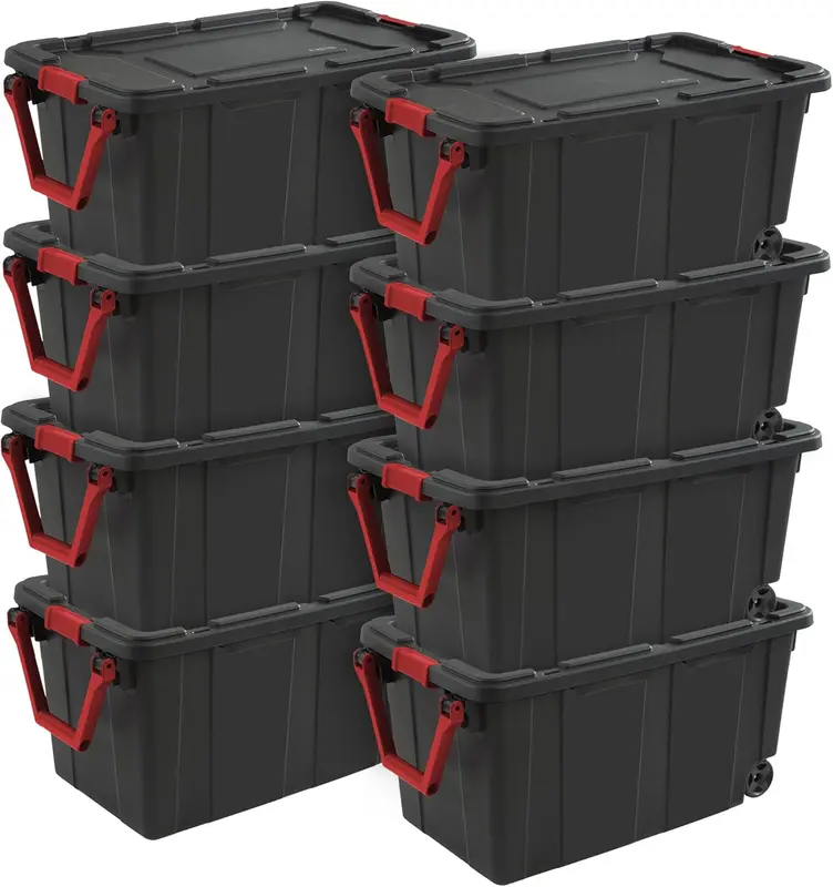 8-Pack 40-Gallon Heavy-Duty Wheeled Industrial Totes - Stackable Storage Bins with Lids & Non-Slip Latches for Home, Garage, Office, Basement