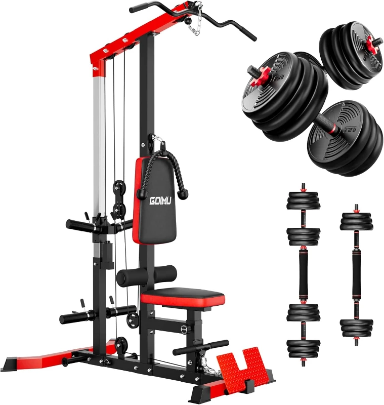 LS01 3-in-1 Lat Pulldown & Cable Row Tower with Built-In AB Crunch — Home m Pulley Station with Multiple Attachments