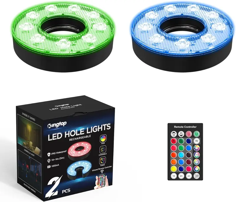 Rechargeable LED Golf Cup Light — IP65 Waterproof, Focused Lens, Remote RGB, 16-Hour Runtime for Night Putting, Camping & Outdoor Parties