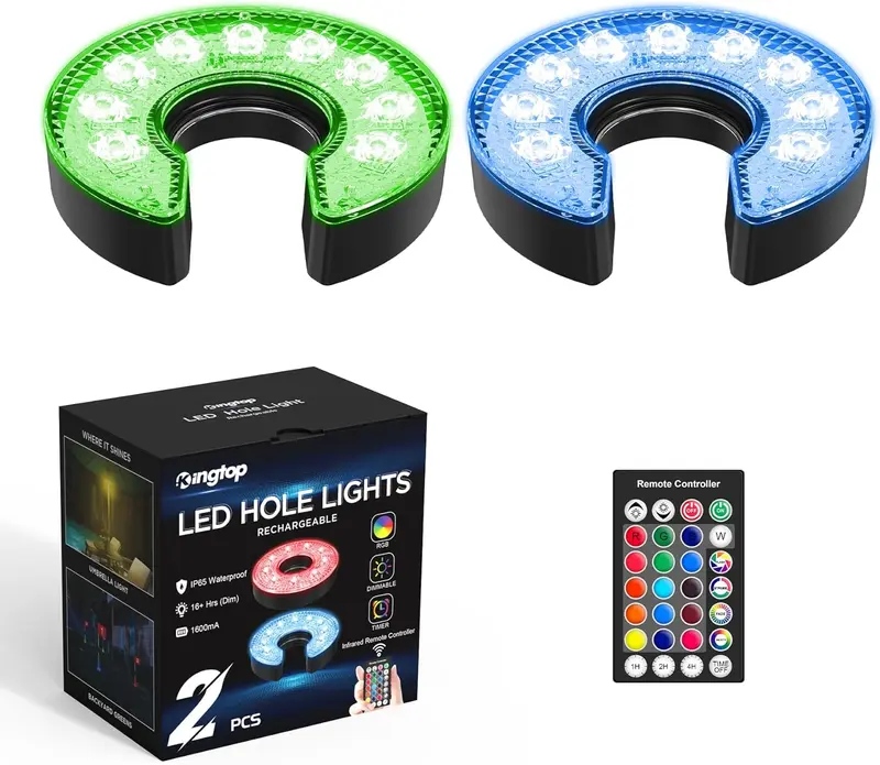 USB-C Rechargeable LED Golf Hole Light with Remote — 16 Colors, Brightness Levels, Timer, IP65