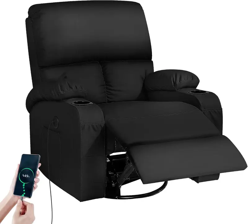 360° Swivel Rocker Recliner Chair with Massage & Heat, USB and Type-C Ports, Faux Leather, 30° Rock & 90–150° Recline, Black