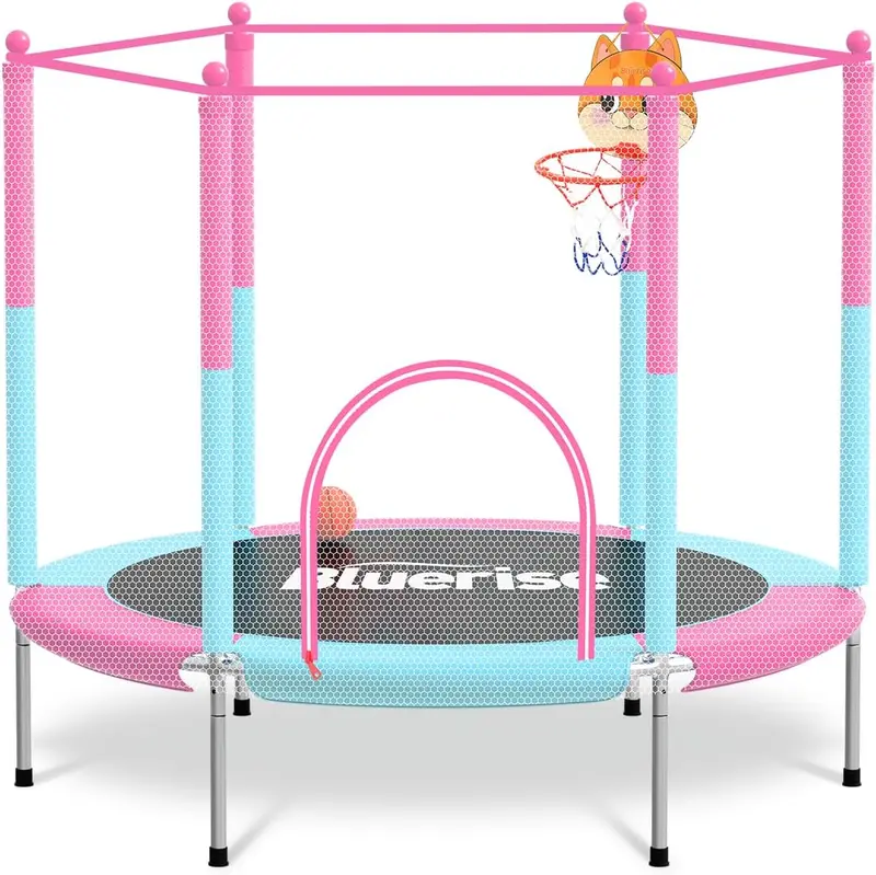55in / 6ft Indoor & Outdoor Toddler Trampoline with Enclosure, Basketball Hoop, No-Gap Safety Pad and Anti-Rollover Base