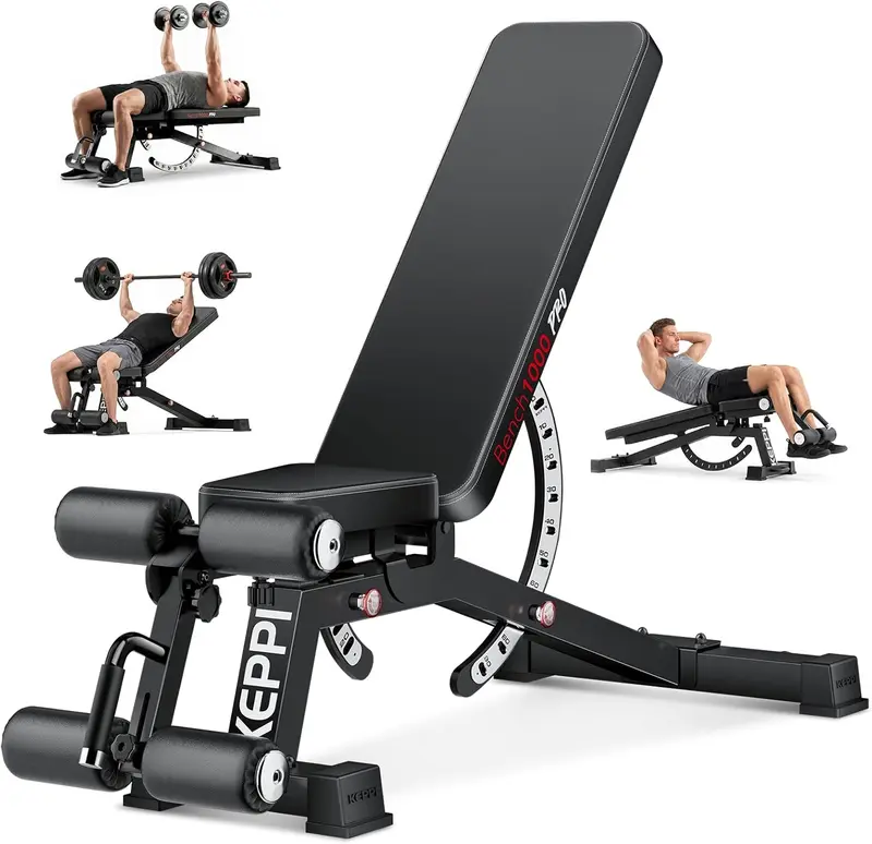 Adjustable Commercial Weight Bench - 1200 lb Capacity, 12+3 Back & Seat Settings, Incline/Decline, 70×50mm Steel Frame for Home m