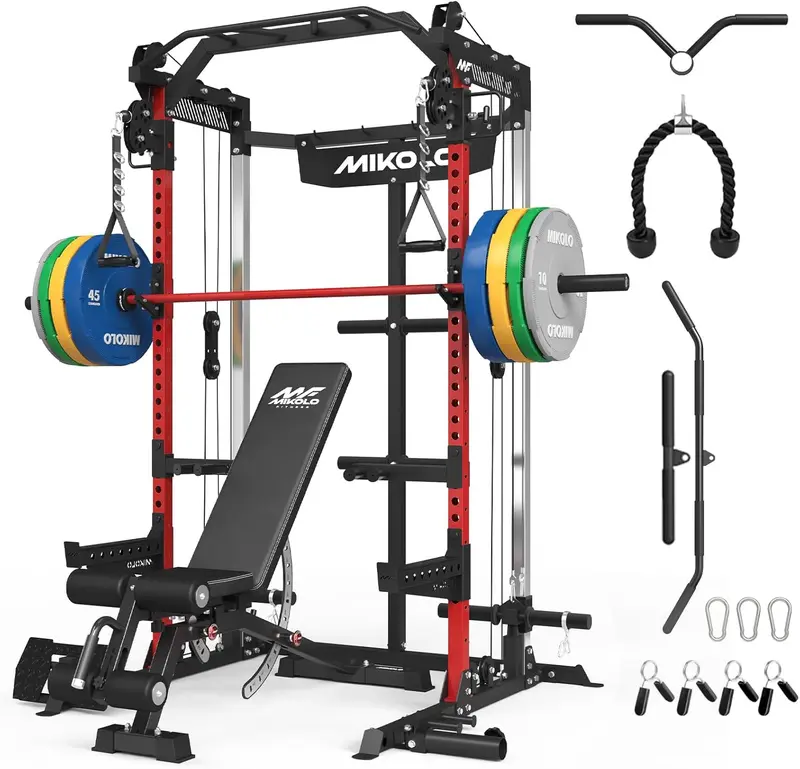 lo Power Cage 2000 lb Power Rack with Independent Dual Pulleys — Multi-Function Home m for Cable Crossover & Squats