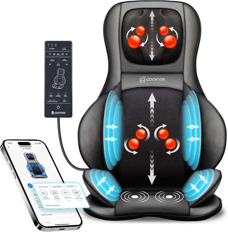 Shiatsu Neck & Back Massage Pad with Heat, 2D/3D App-Controlled Deep-Knead Therapy, Adjustable Compression and Variable Back Coverage - Black