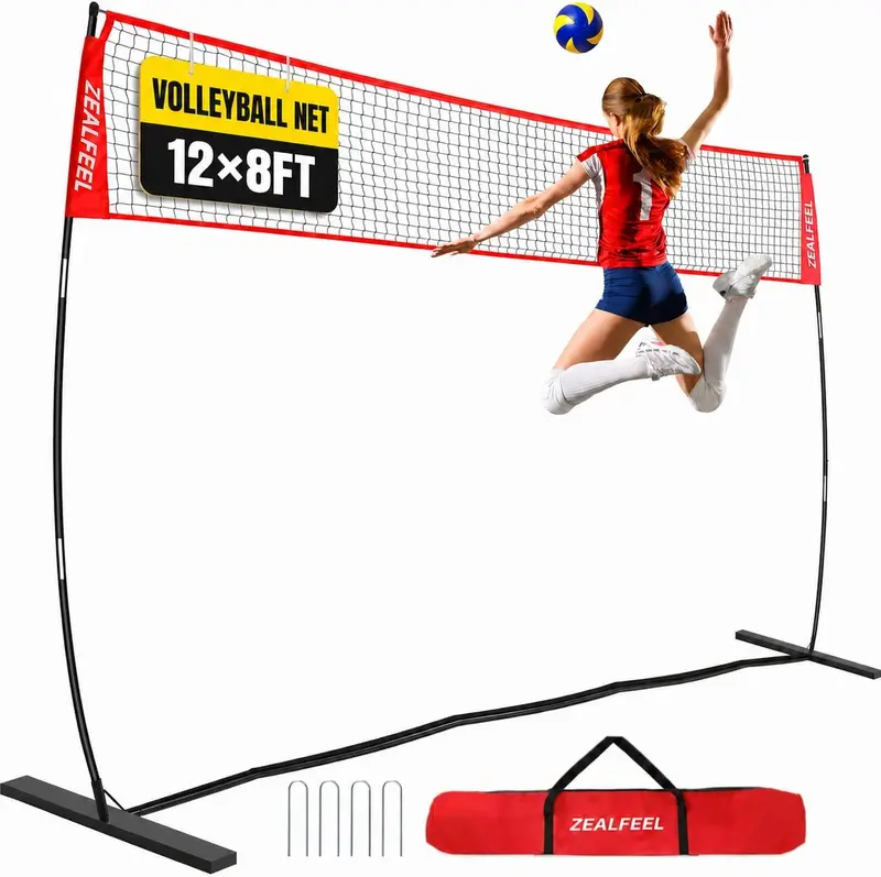 12ft or 20ft Portable Freestanding Volleyball Net — Adjustable 8'/7.4' Heights, Carry Bag for Backyard, Park, Indoor & Outdoor Training