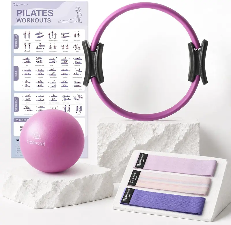 Pilates Ring Set - 14-inch Reinforced Magic Circle with Foam-Padded Handles, 9-inch Anti-Burst Ball, Non-Slip Fabric Resistance Bands, Guide & Carry Bag