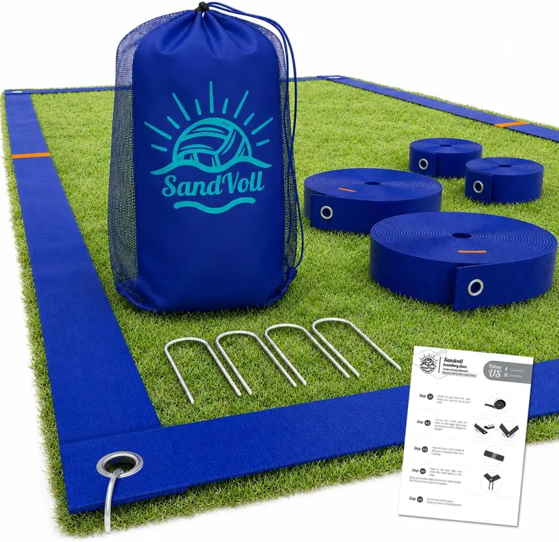 Portable 2-inch Beach Volleyball Boundary Line Set for Sand – Outdoor Kit with Sand Anchors and Carry Net Bag; Official Court Size 26.3' x 52.6'