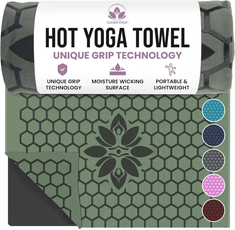 Hot Yoga Mat Towel – Suede Microfiber Top, Honeycomb Silicone Base, Non-Slip, Sweat-Absorbent, Stays Flat, Washable & Lightweight – Olive