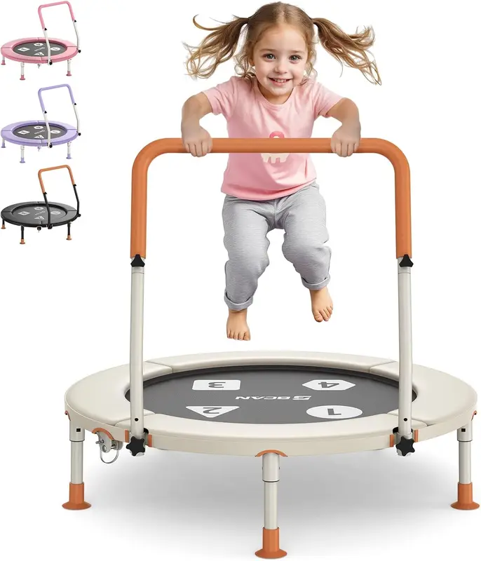 BT1 36-inch Foldable Toddler Trampoline with Adjustable Handlebar - ASTM-Certified Indoor Mini Trampoline, Safety Pad, Foldable Legs, Ideal Gift for Boys & Girls