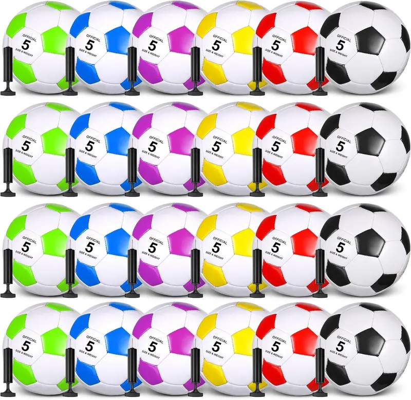24-Pack Soccer Balls (Sizes 5/4/3) with 24 Pumps — Deflated for Easy Shipping, Ideal for Kids, Teens, School Teams, Training, Outdoor Play & Charity Gifts
