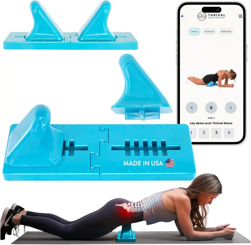Wave Adjustable Psoas, Back & Hip Flexor Release Tool with App — Deep Tissue Trigger-Point Massage, Multiple Attachments (Blue) — Made in USA