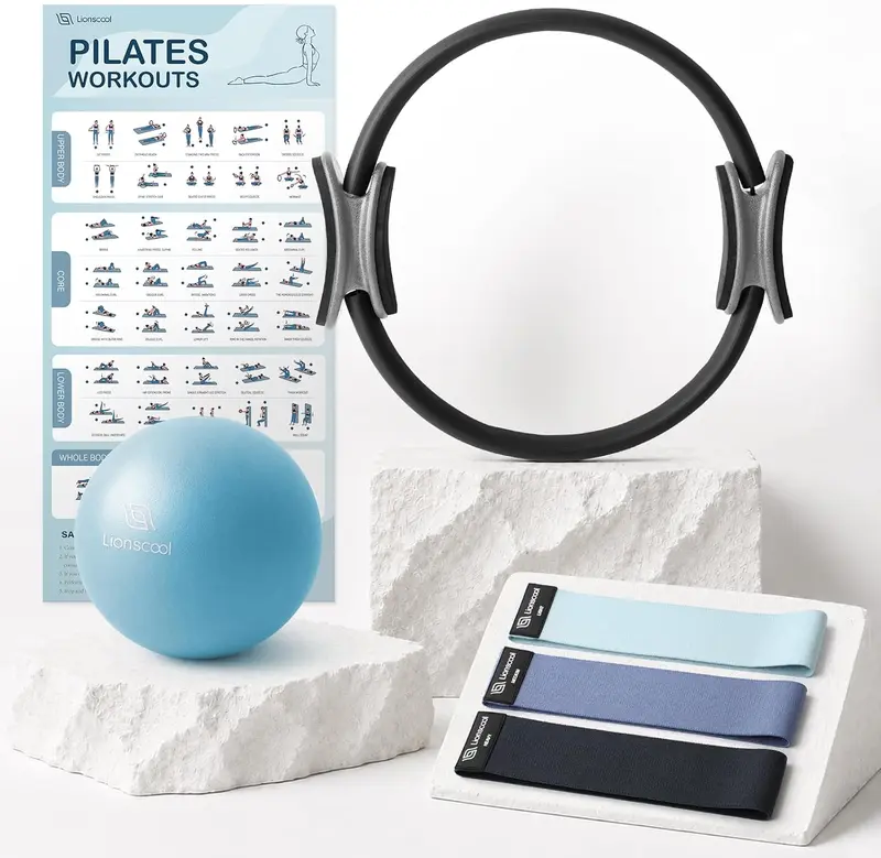 Pilates Ring Kit — 14" Anti-Deform Magic Circle with Foam Handles, 9" Anti-Burst Ball, Non-Slip Fabric Resistance Bands, Workout Guide & Carry Bag