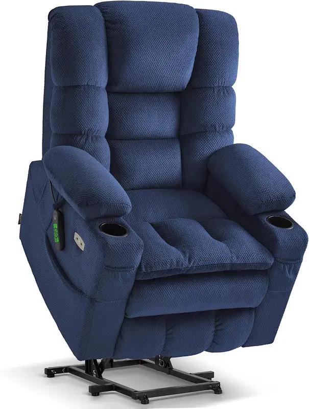 Triple-Motor Lay-Flat Power Lift Recliner Chair for Tall Seniors, Infinite Positions, Massage, Dual Heating, Adjustable Rest, Fabric 7634 (Navy Blue, Large)