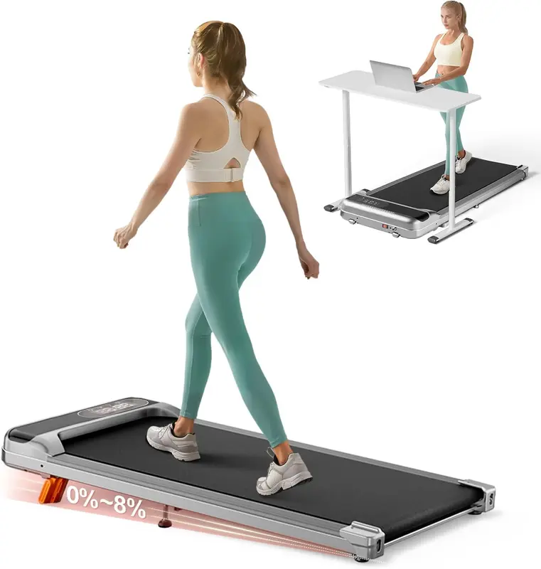 Under-Desk Walking Pad Treadmill for Home Office — 8% Manual Incline, Remote & LED, 2.5 HP Motor, 265 lb Capacity, Compact for Walking & Jogging