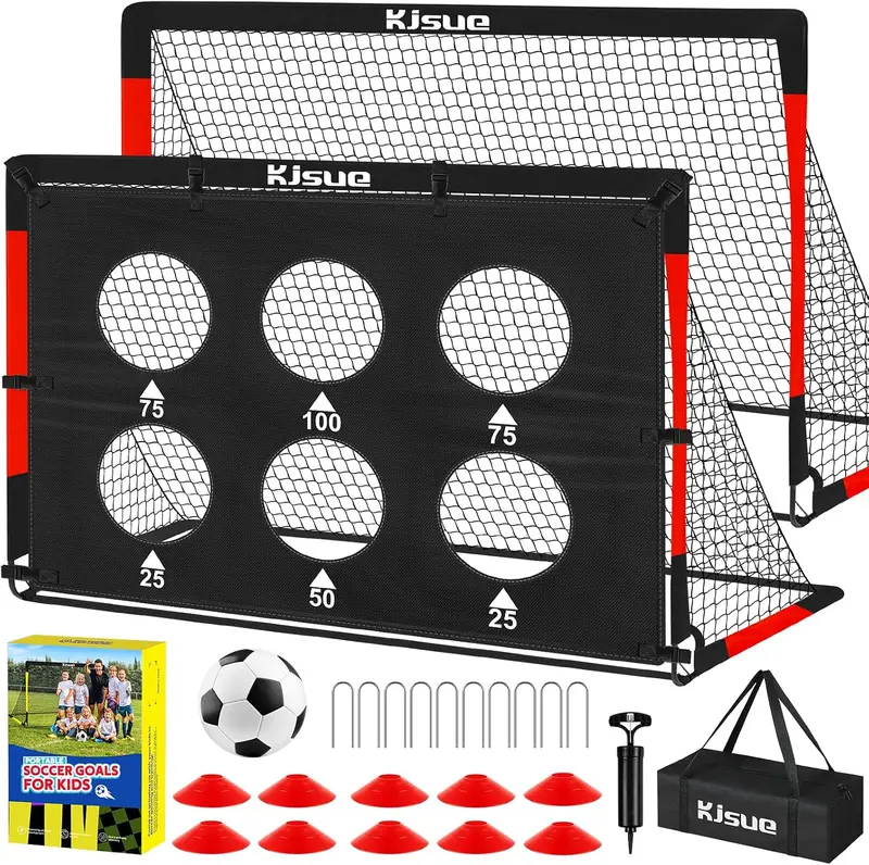 Kids Backyard Soccer Goal Set - 2x 6x4 ft Pop-Up Goals with Target Cloth, Size 3 Ball, Pump, 10 Cones, Stakes & Carry Bag - Ages 3-16