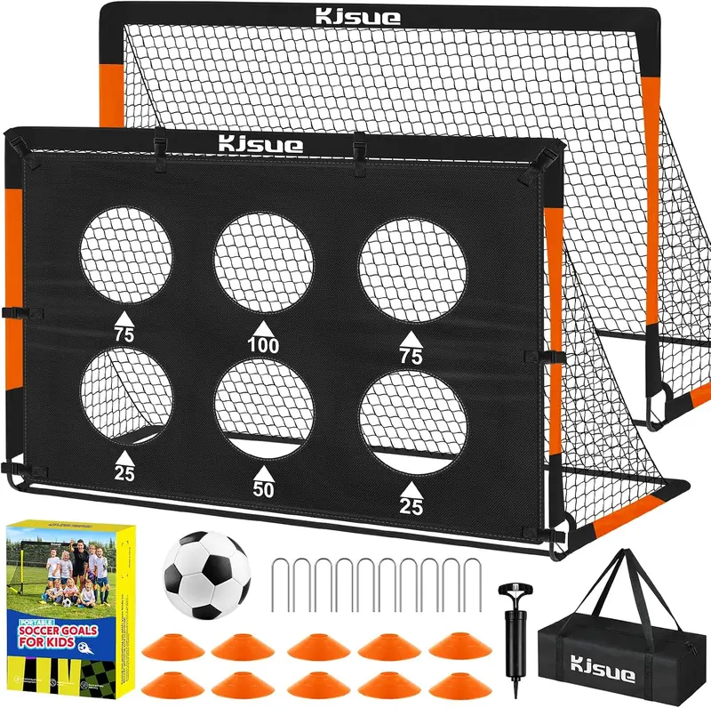 Backyard Kids Soccer Goal Set – Two 6x4 ft Pop-Up Nets with Ball, Targets, Pump, Cones & Stakes for Ages 3–16 (Toddler to Youth)