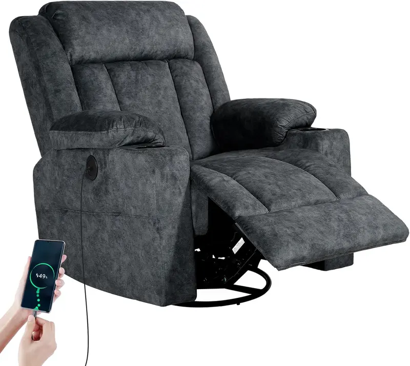 Retro 360-Degree Swivel Rocker Recliner with 8-Point Massage, Lumbar Heat, USB & Type-C Ports — Dark Grey