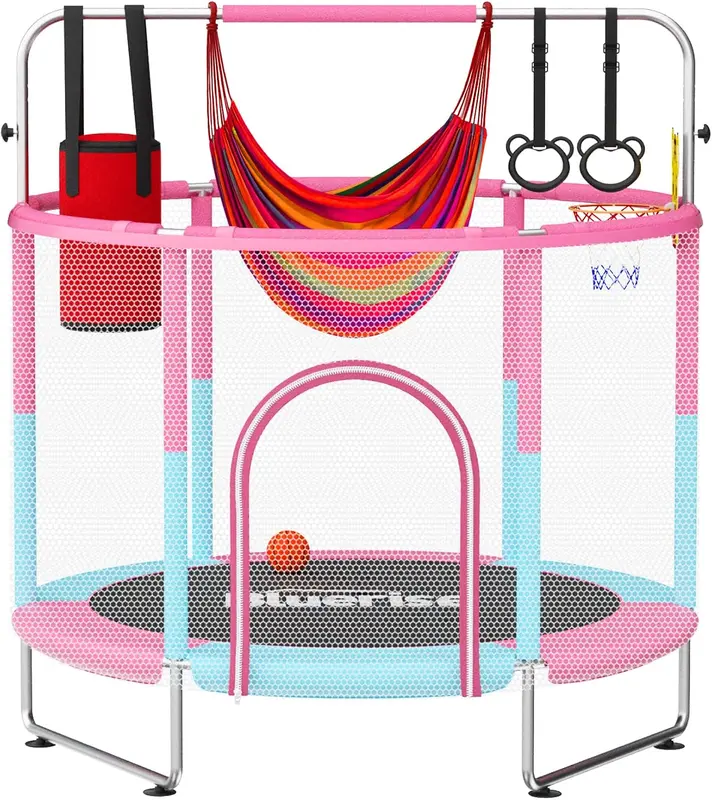 55in (6ft) Indoor & Outdoor Toddler Trampoline with Enclosure, Basketball Hoop, No-Gap Design and Anti-Rollover Base