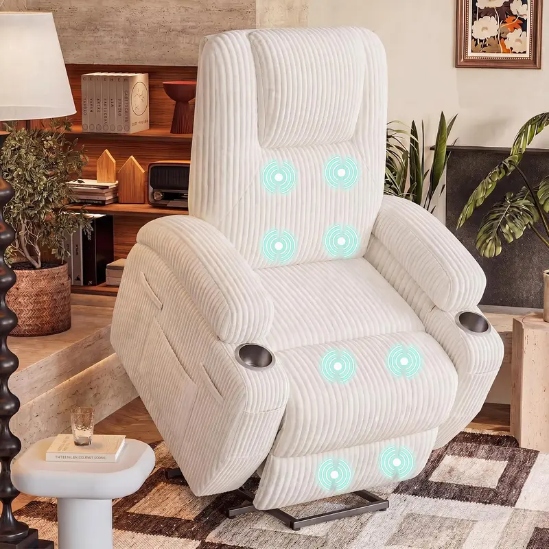 Power Lift Recliner Chair with Massage for Elderly — Corduroy Lift Chair w/ Cup Holders, Side Pockets & Remote Control, White, for Living Room and Bedroom