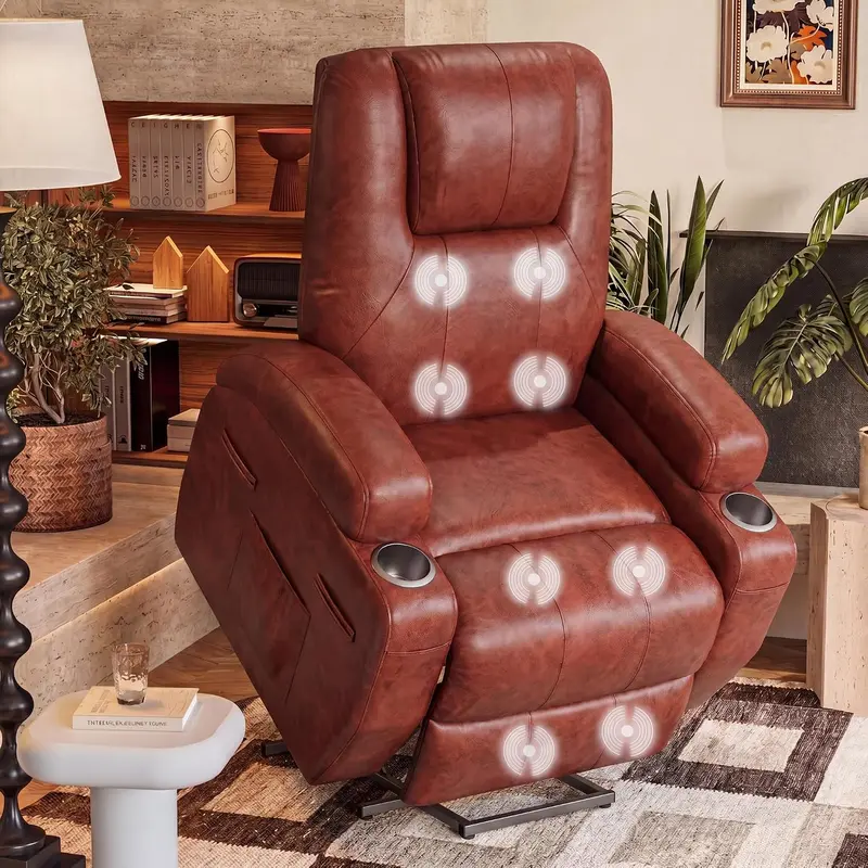 Power Lift Recliner with Massage for Seniors — Leathaire Fabric Lift Chair with Cup Holders, Side Pockets & Remote, Brown