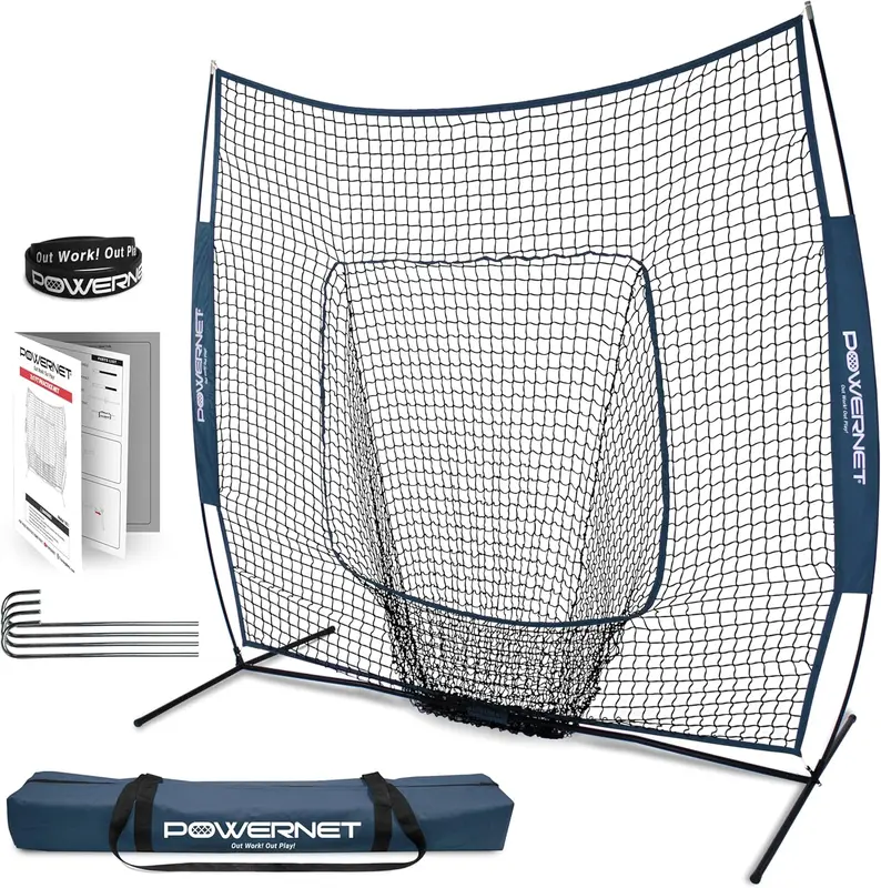 Baseball & Softball 7x7 Practice Net with Ball Caddy, Weighted Balls & Tee — Portable Pitching, Batting & Fielding Trainer