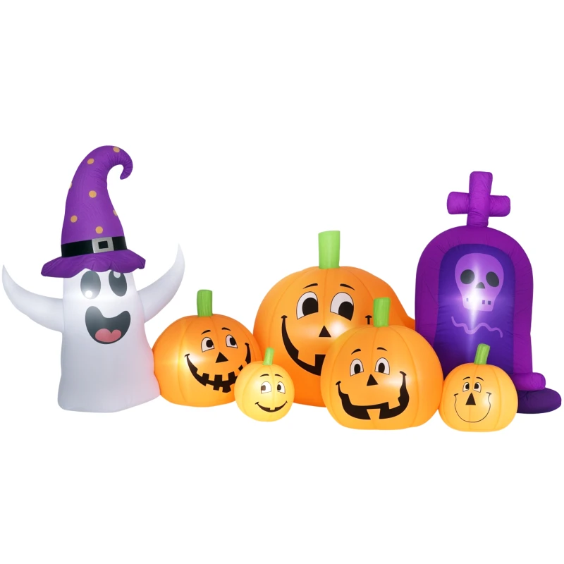 Inflatable Halloween Pumpkin with Ghost and Tombstone, LED Lights IP44 and Inflator for Parties, 240x130x130 cm, Multicolor