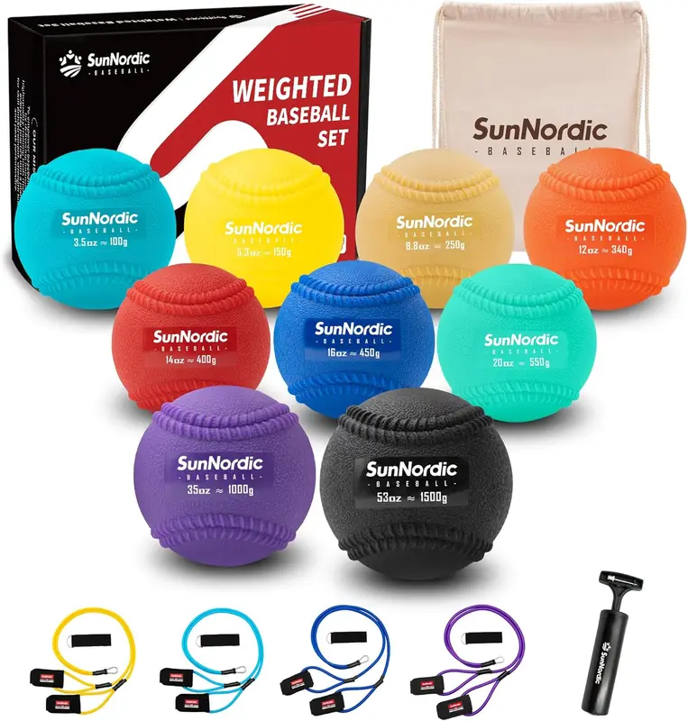 6/9-Pack Seam-Weighted Plyometric Baseball Set with Resistance Bands | 3.5-53 oz Range — Power & Pitch Training for All Levels