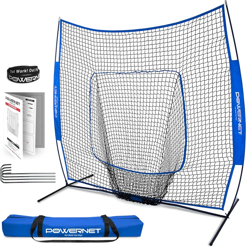 Royal Blue 7 x 7 ft Baseball & Softball Practice Net with Ball Caddy, Weighted Balls and Tee for Pitching, Batting & Fielding