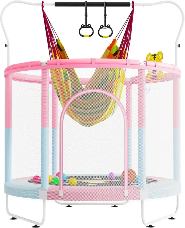 60-inch (5 ft) Kids Trampoline - Indoor & Outdoor Toddler Trampoline with Safety Enclosure, Basketball Hoop, Adjustable Bar, Ages 3-8