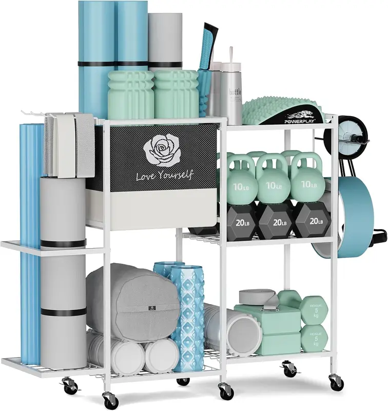 Yoga Mat Storage Rack — Home m Organizer on Wheels with Double-Layer EVA Baskets & Extended Side Holder for Mats, Blocks, Rollers, Bands, Dumbbells and Kettlebells