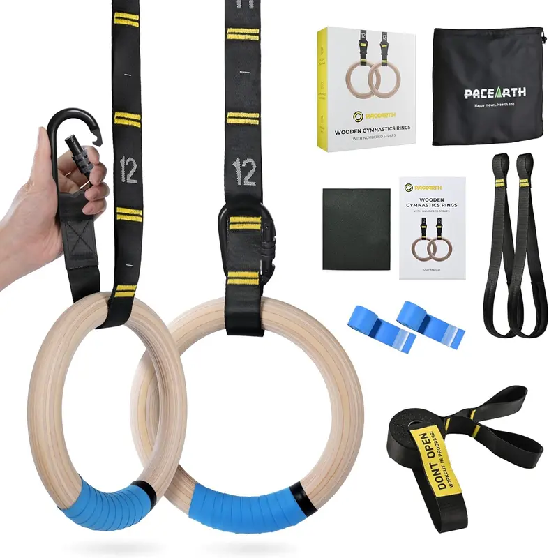mnastics 32mm Birch Wooden Olympic Rings — 1500 lb Capacity, Locking Carabiners, 9ft Double-Layer Numbered Straps, Non-Slip Grips & Foot/Door Anchors
