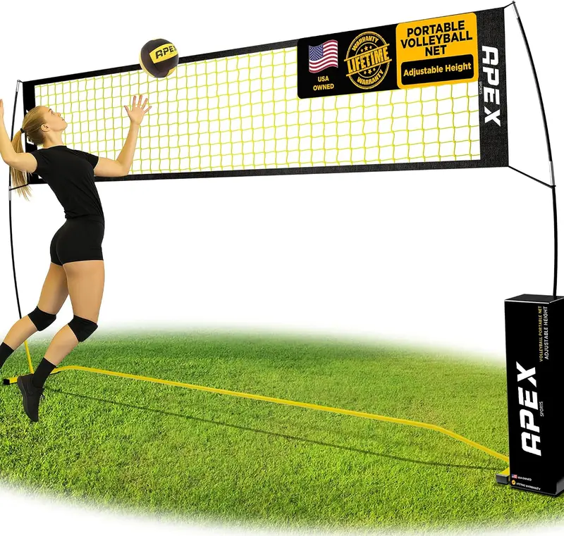 Volleyball Training Net - 12' Wide, Portable, Adjustable 7.4' to 8', 16mm Fiberglass Frame with Stakes & Carry Bag - Indoor & Outdoor, Pro-Designed