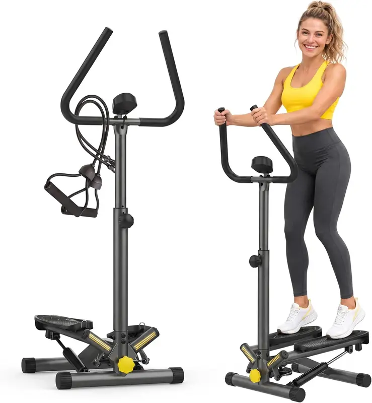 Mini Twist Stepper with Resistance Bands — 300 lb Capacity, Adjustable Step Height, Quiet Dual-Hydraulic Resistance, Stable Handlebar for Full-Body Workouts