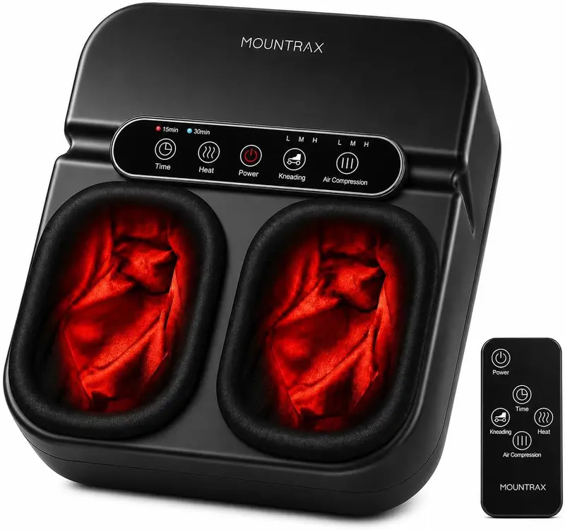 Shiatsu Foot Massager with Heat & Air Compression — Deep Kneading, 3 Heat Levels, Adjustable Intensity & Timer, Fits Up to Men's Size 12, for Home & Office