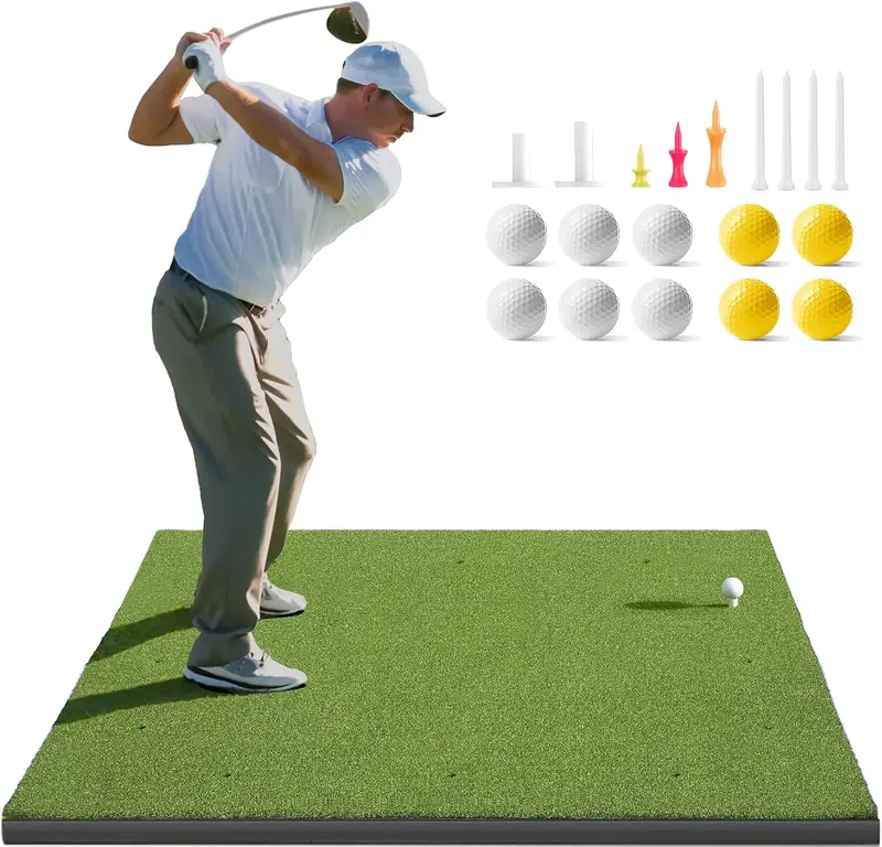 Dense Turf Golf Hitting Mat 5x4ft/5x5ft (21mm) with 10 PU Balls & 9 Tees — Indoor & Backyard Driving/Chipping Practice
