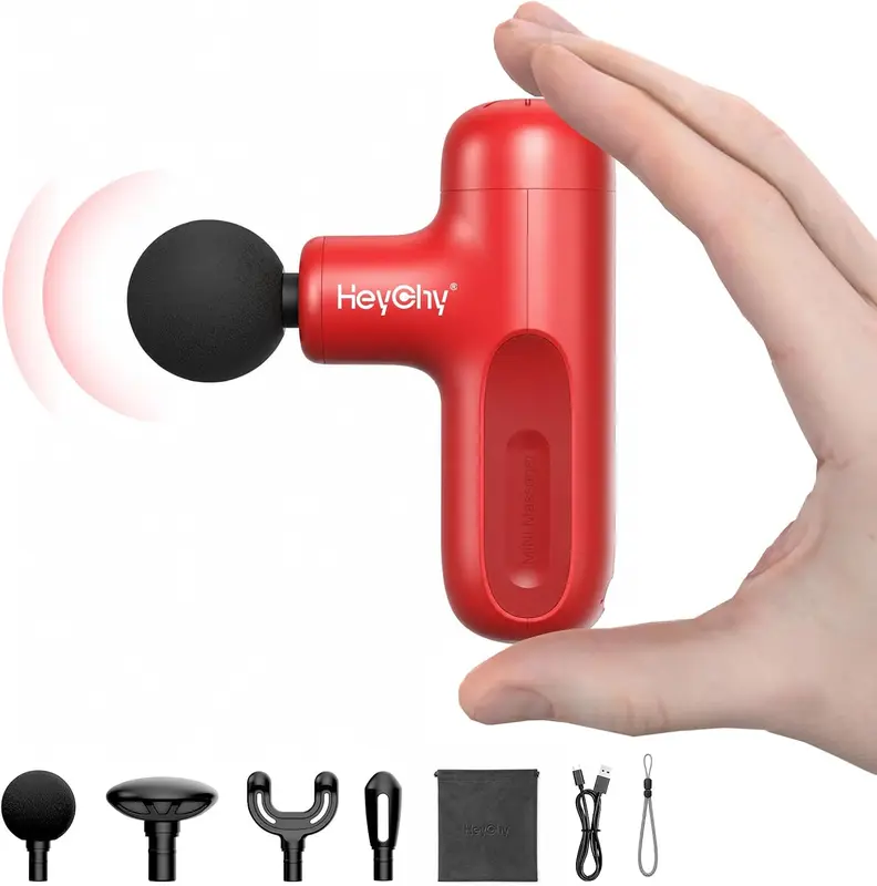Super Mini Deep-Tissue Handheld Massage Gun — Portable Percussion Massager, 4 Silicone s, 3000 RPM, 5 Speeds, 7mm Amplitude, Quiet, FSA/HSA Eligible, Red