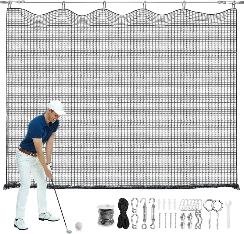 Heavy-Duty Sports Netting – Golf Hitting Net with Steel Hanging Kit & 33ft Nylon Rope | Impact-Resistant Ball Net for Golf, Baseball, Hockey, Soccer, Indoor/Outdoor