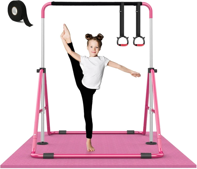 Foldable Kids mnastics Bar – 5-Height Adjustable (35-51 in), Easy Assembly, Sturdy Triangular Base, Indoor/Outdoor, Space-Saving, Rings Included, Ages 3-8, 140 lb